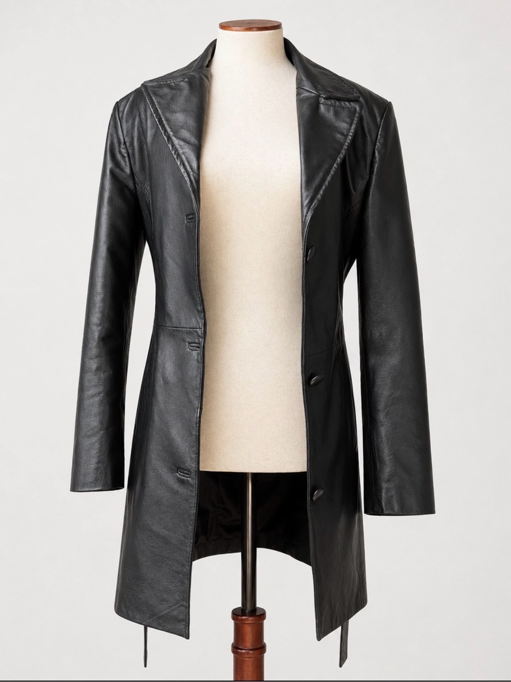 U.S.A. Black Genuine Leather Midi Trench Coat Size M  RN 105907